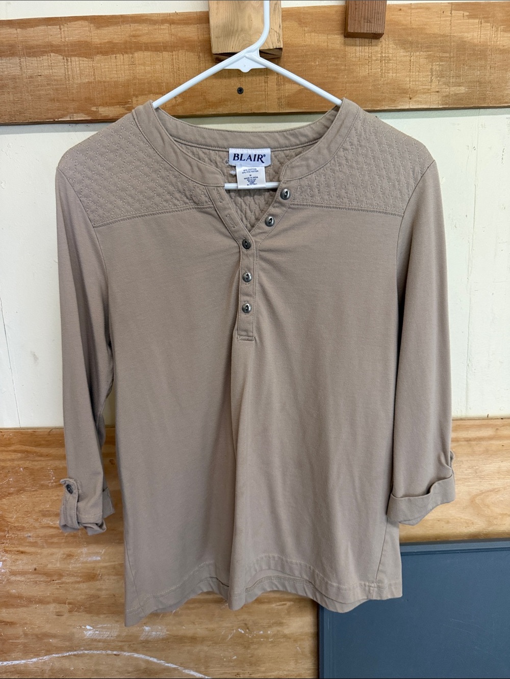 Blair Men's Light Brown Quilted-Yoke Henley Long Sleeve Shirt